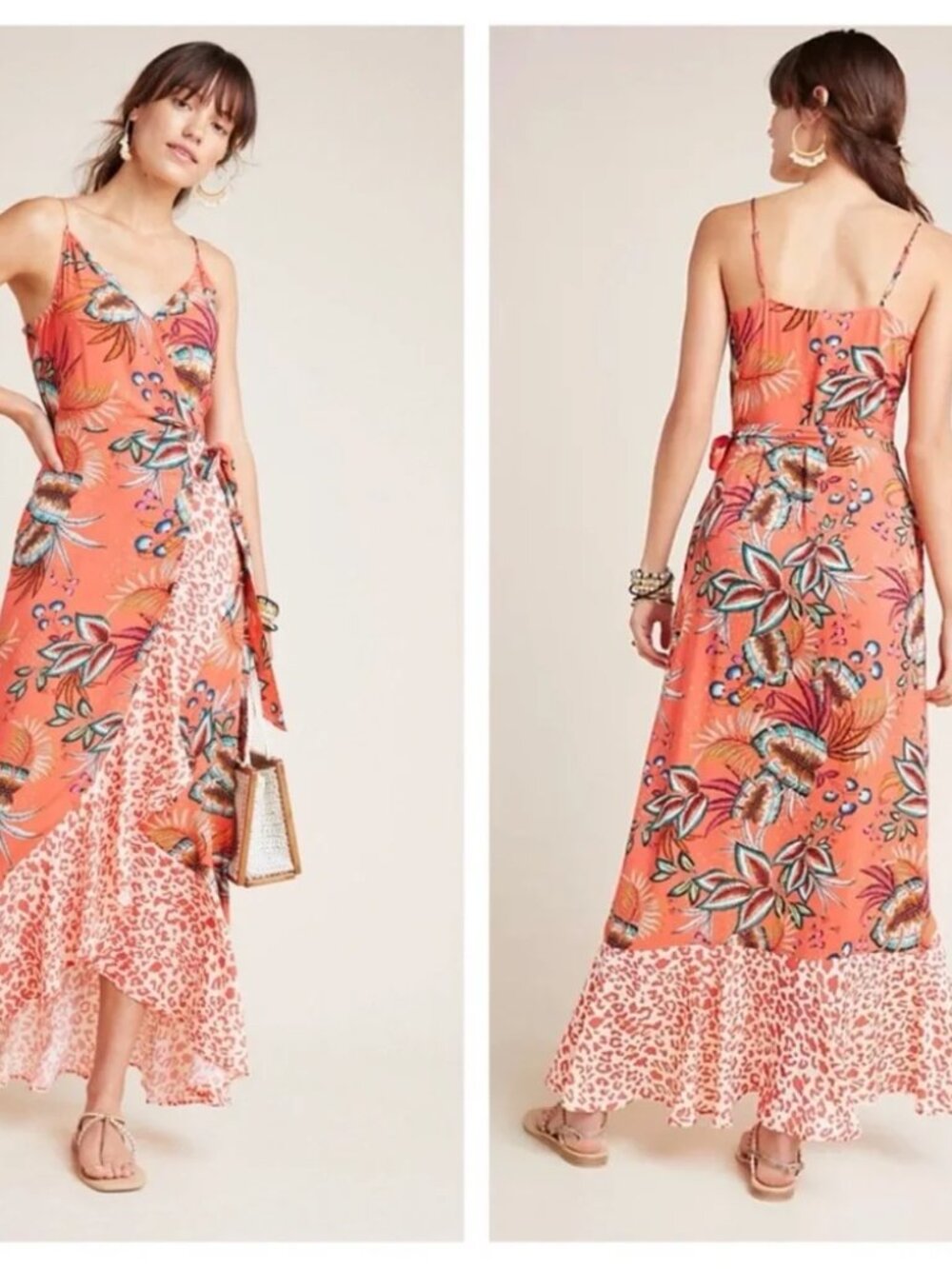 Farm Rio Anthropologie Musette Coral Floral Leopard Print Wrap Maxi Dress Large